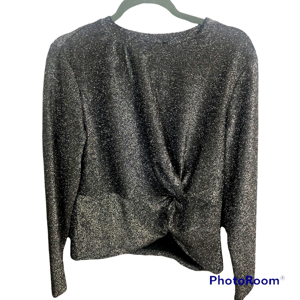 Women's Stretch Glitter Faux Tie Semi Crop Long Sleeved Top